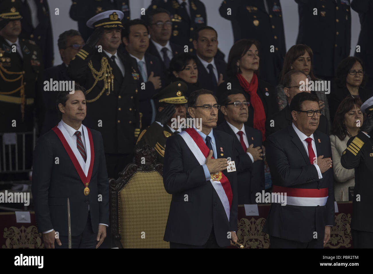 Lima, Lima, Peru. 29th July, 2018. Peru's President Martin Vizcarra seen at the military parade.Members of Peru's armed forces, coastguard, search & rescue, and police march in full uniform during the country's Gran Parada Militar. This parade always occurs the day after Peru's Independence Day marking the official end of festivities across the nation. Credit: Guillermo Gutierrez/SOPA Images/ZUMA Wire/Alamy Live News Stock Photo