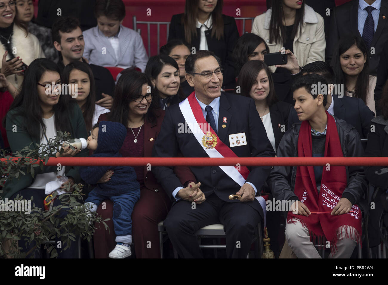 Lima, Lima, Peru. 29th July, 2018. Peru's President Martin Vizcarra seen at the military parade.Members of Peru's armed forces, coastguard, search & rescue, and police march in full uniform during the country's Gran Parada Militar. This parade always occurs the day after Peru's Independence Day marking the official end of festivities across the nation. Credit: Guillermo Gutierrez/SOPA Images/ZUMA Wire/Alamy Live News Stock Photo