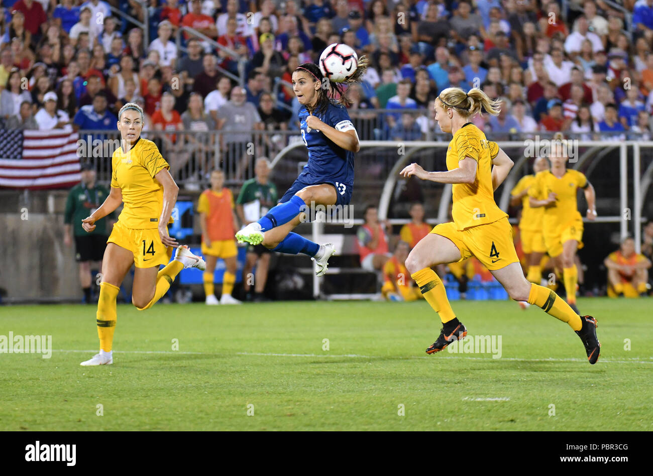 Sunday Aug 29, 2018: Alex Morgan (13) of the USWNT heads a pass during a Tournament of Nations game against Australia at Pratt & Whitney Stadium in East Hartford, Connecticut. Gregory Vasil/CSM Stock Photo