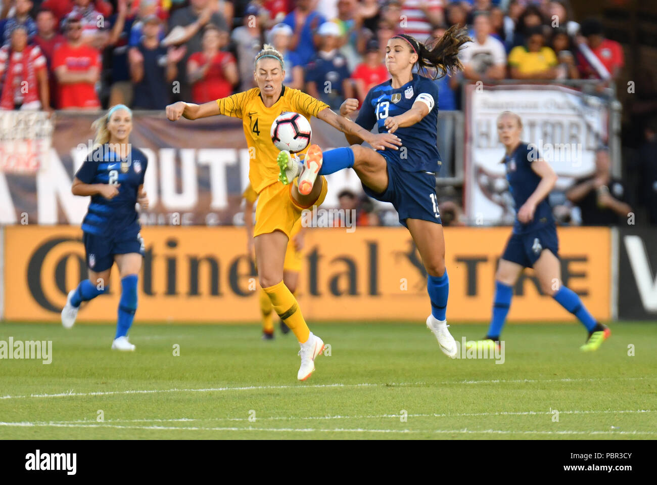 Sunday Aug 29, 2018: Alex Morgan (13) of the USWNT battles for a ball during a Tournament of Nations game against Australia at Pratt & Whitney Stadium in East Hartford, Connecticut. Gregory Vasil/CSM Stock Photo