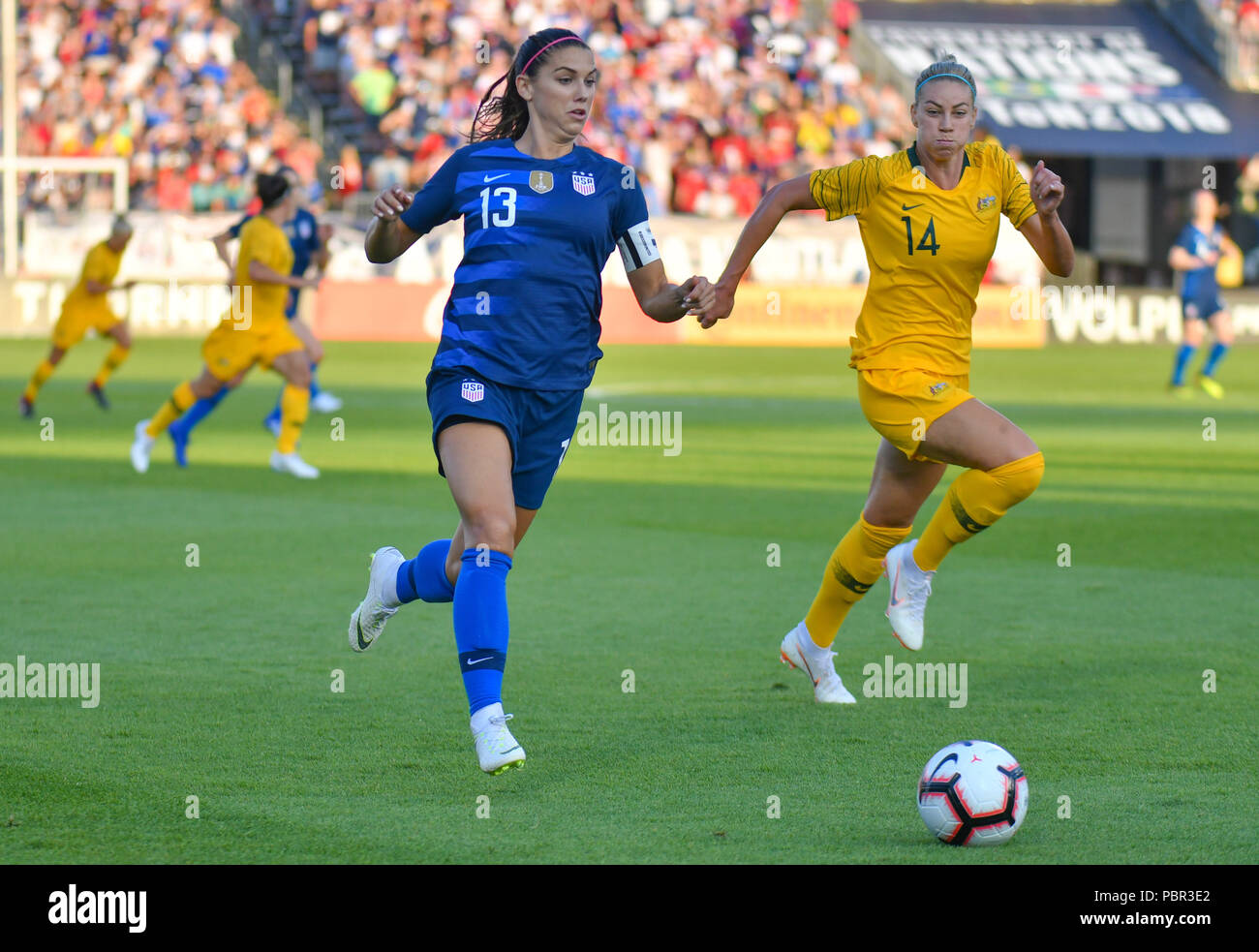 Sunday Aug 29, 2018: Alex Morgan (13) of the USWNT brings the ball down the field during a Tournament of Nations game against Australia at Pratt & Whitney Stadium in East Hartford, Connecticut. Gregory Vasil/CSM Stock Photo