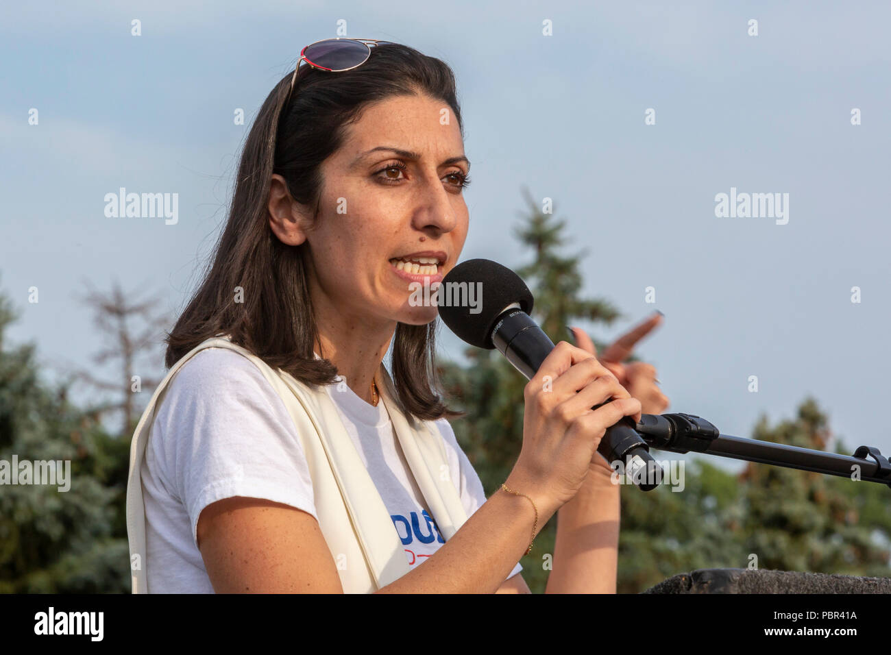 Dearborn, Michigan USA - 29 July 2018 - Fayrouz Saad speaks at a Muslim Get Out the Vote rally, sponsored by several Muslim community organizations. Saad, the daughter of Lebanese immigrants, is running for Congress in Michigan's 11th Congressional District. Credit: Jim West/Alamy Live News Stock Photo