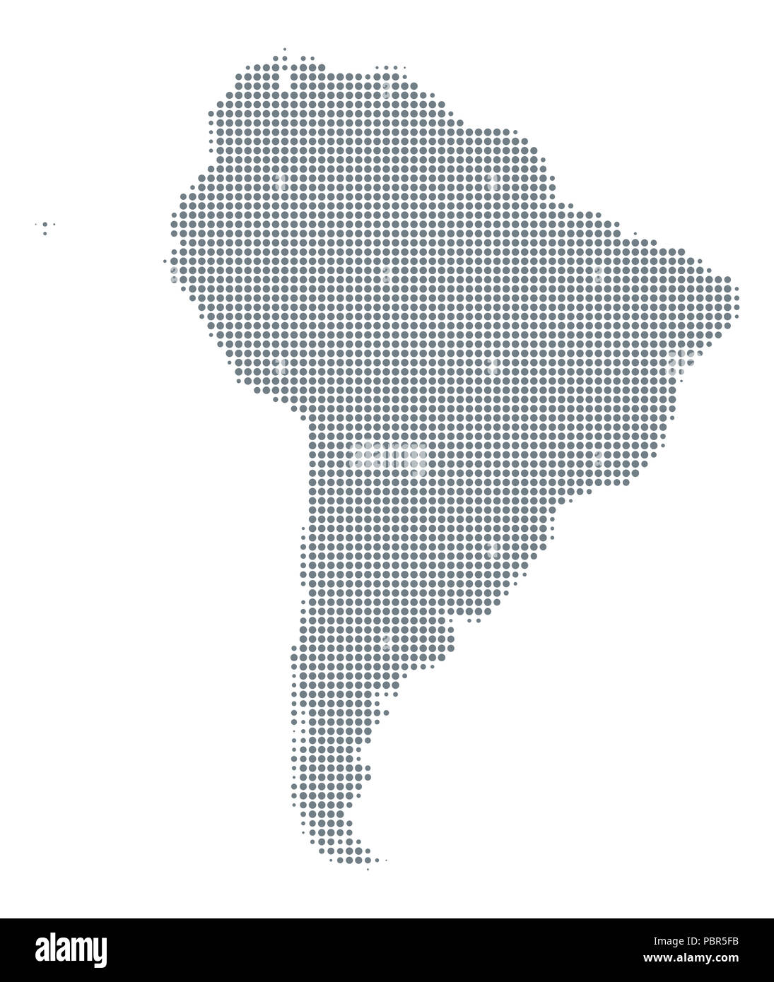 Silhouette of South America. Map with gray halftone dots, varying in size and spacing. Dotted outline and surface under Robinson projection. Stock Photo