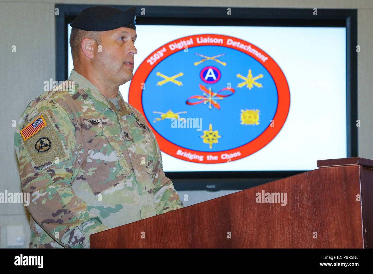 Col. Douglas W. Mills, incoming commander of the 2503rd Digital Liaison Detachment, U.S. Army Central, shares his remarks during a change-of-command ceremony July 19, 2018, at Patton Hall on Shaw Air Force Base, S.C. (U.S. Army photo by Sgt. Von Marie Donato) Stock Photo