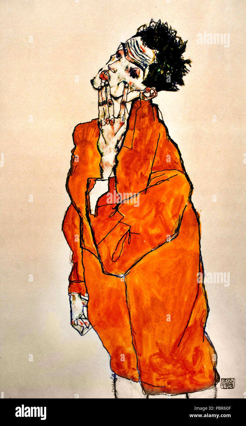 Painting self portrait in an orange jacket 1913 egon schiele hi-res ...