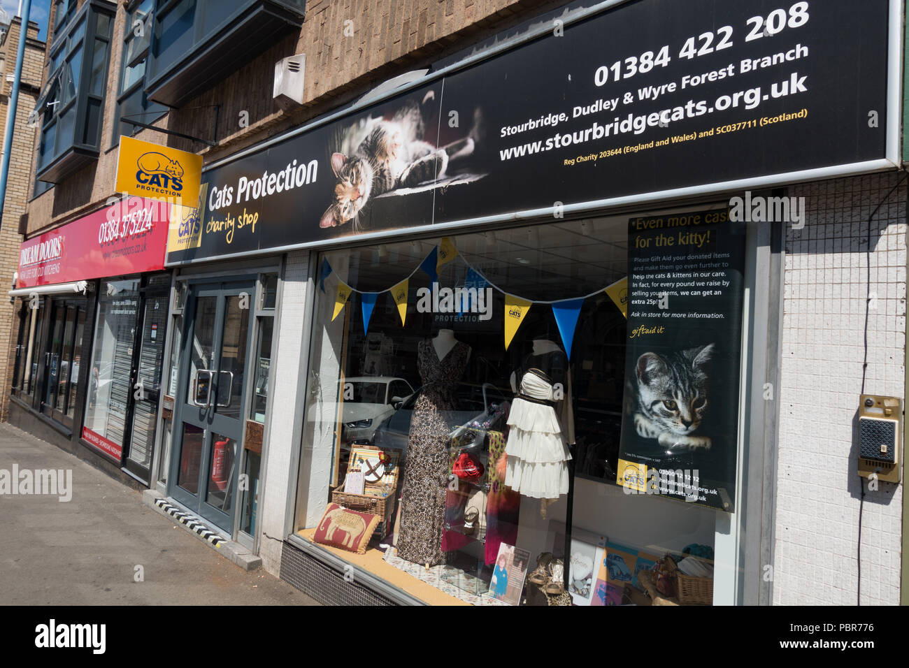 Shop fronts, Cats Protection League, in Stourbridge town centre. West Midlands. UK Stock Photo