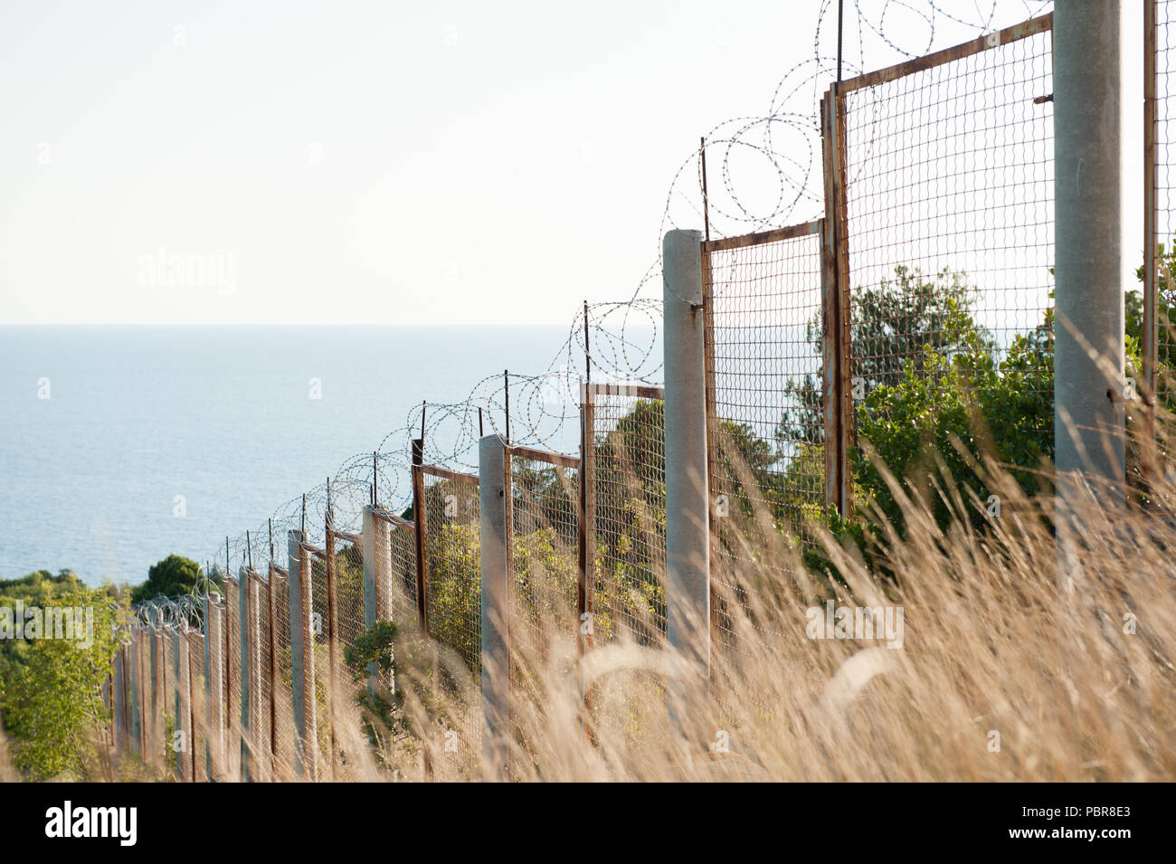 state border razor barbed wire and fence along sea shore and forest danger zone Stock Photo