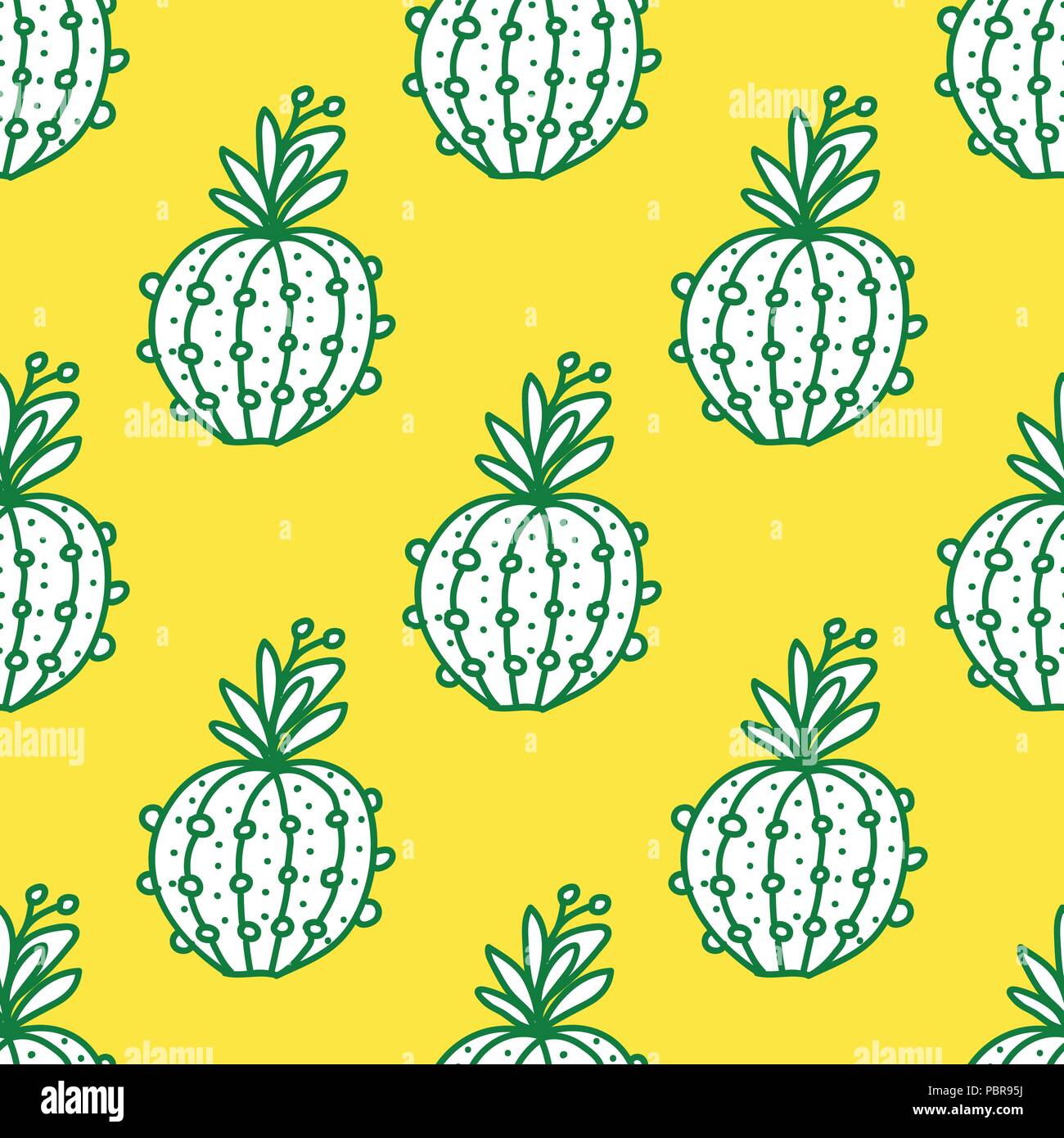 Cute hand-drawn seamless pattern with cactus. Vector illustration isolated on yellow Stock Vector