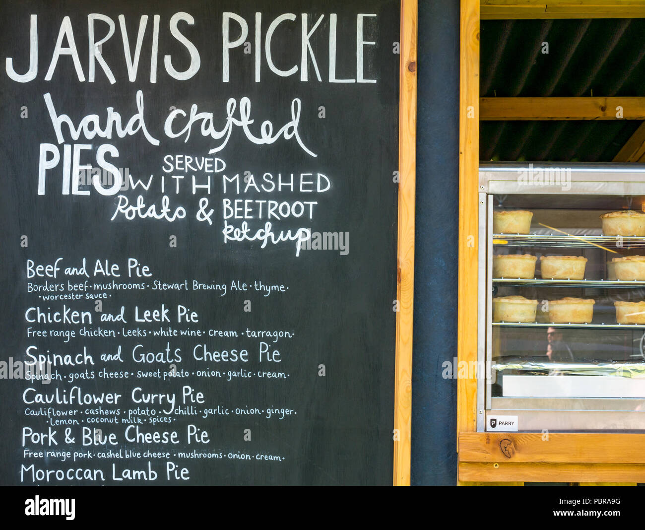Edinburgh Food Festival 2018  Jarvis Pickle Pies stall and menu board, George Square Gardens, Edinburgh, Scotland, UK Stock Photo