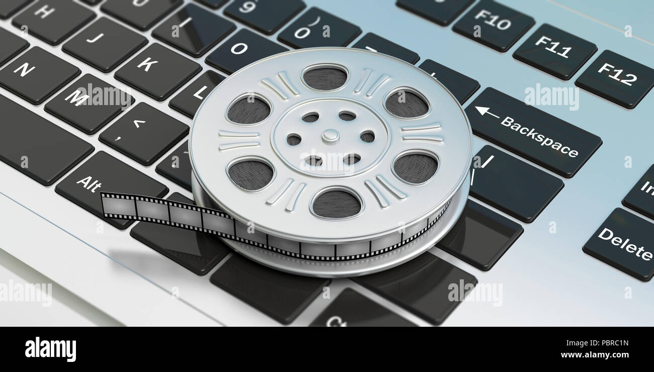 Cinematography concept. Film movie reel on a laptop background, isolated, 3d illustration. Stock Photo