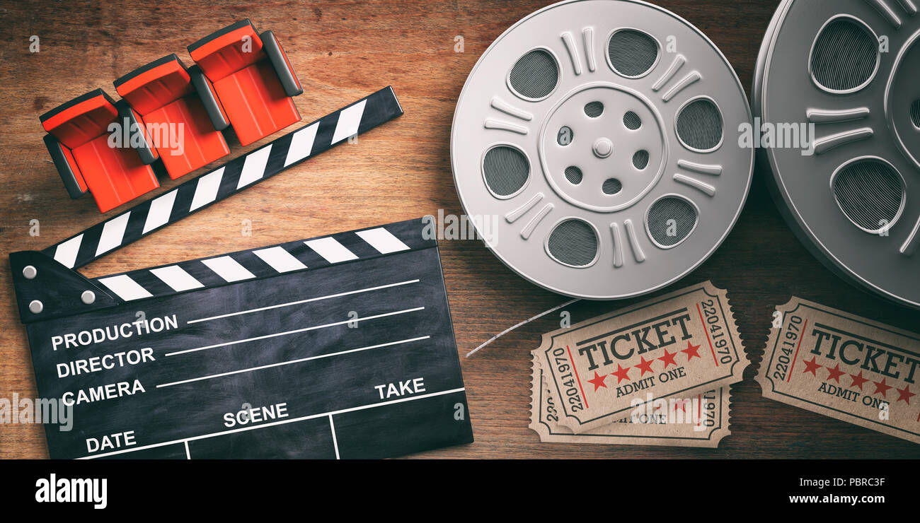 Cinematography concept. Film reels with retro cinema tickets, movie clapper  and red theater seats on wooden background. 3d illustration Stock Photo -  Alamy