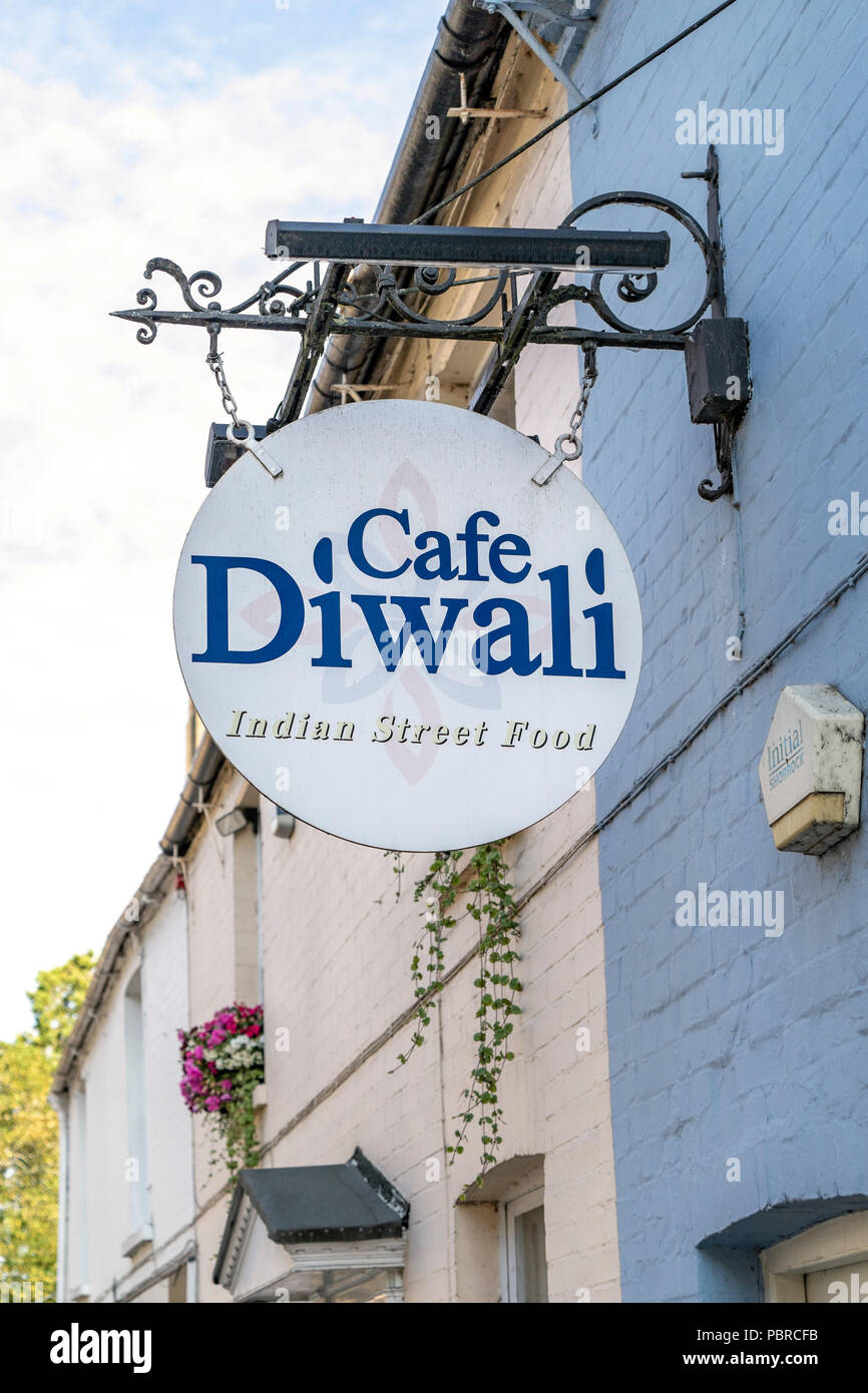 Cafe Diwali Indian restaurant signCrane Street Stock Photo