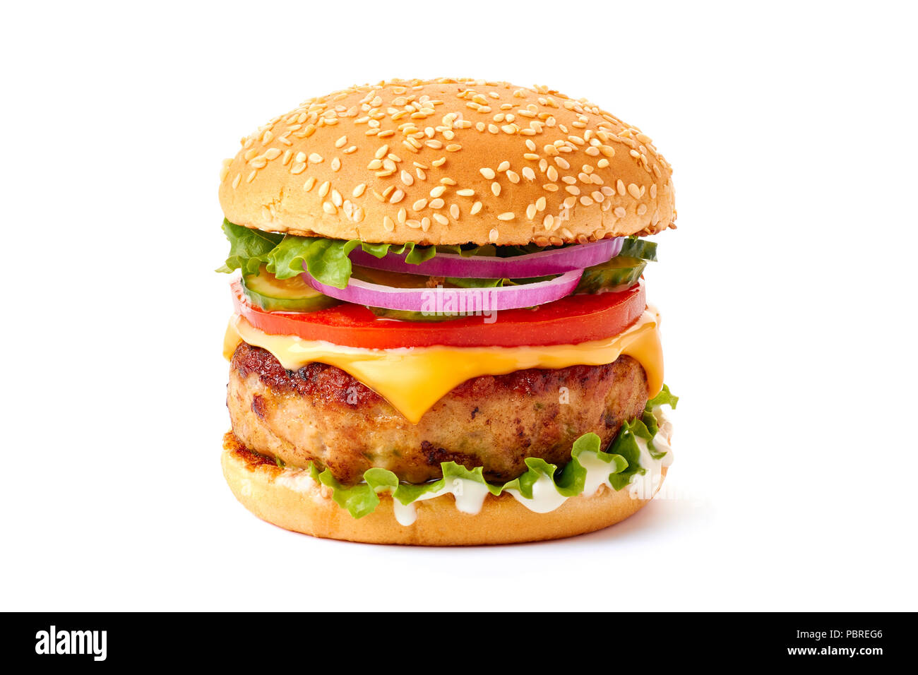 Juicy cheeseburger on white Stock Photo