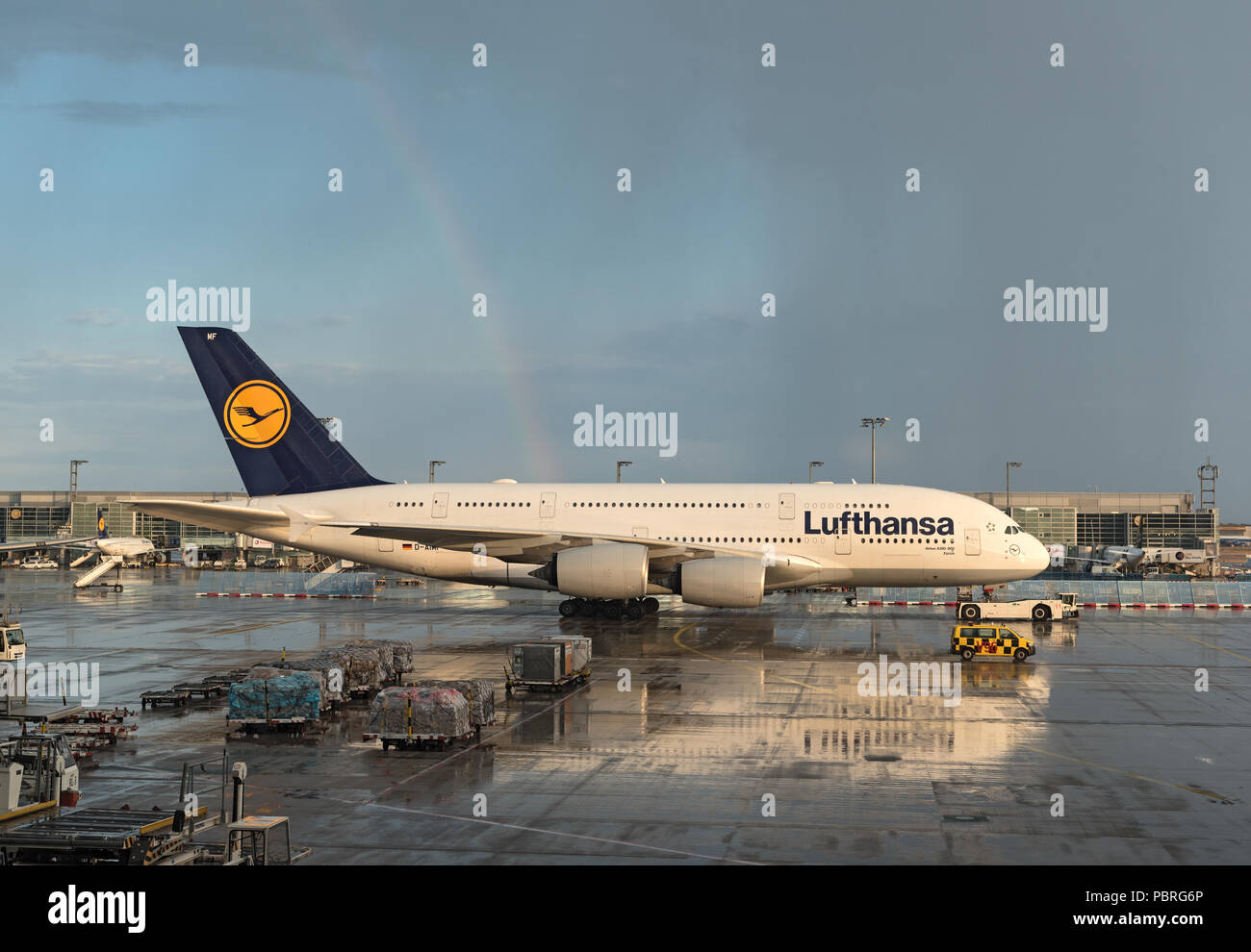 lufthansa airbus a380 in frankfurt airport. Stock Photo