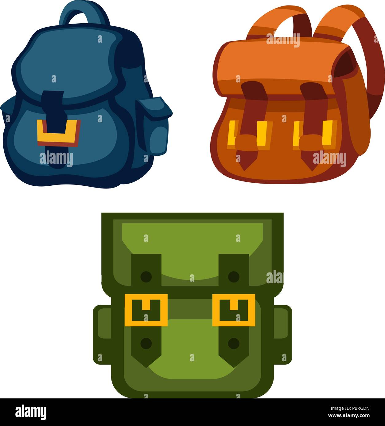 Cartoon vector hiking backpacks, blue, brown and green Stock Vector