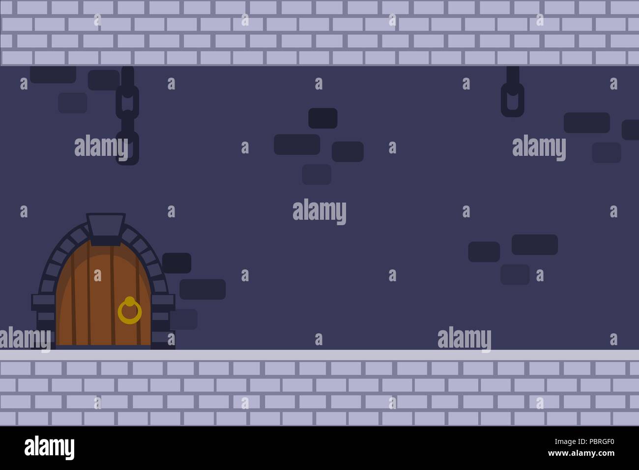 Cartoon vector dark castle background with door, hanging chains and brick walls Stock Vector