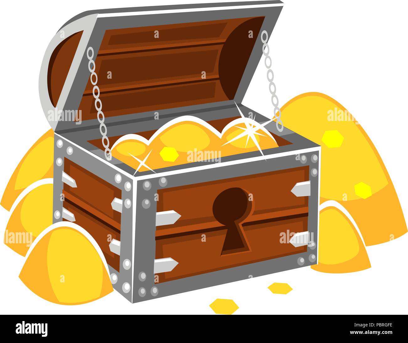 Cartoon vector wooden chest with treasure, golden coins Stock Vector