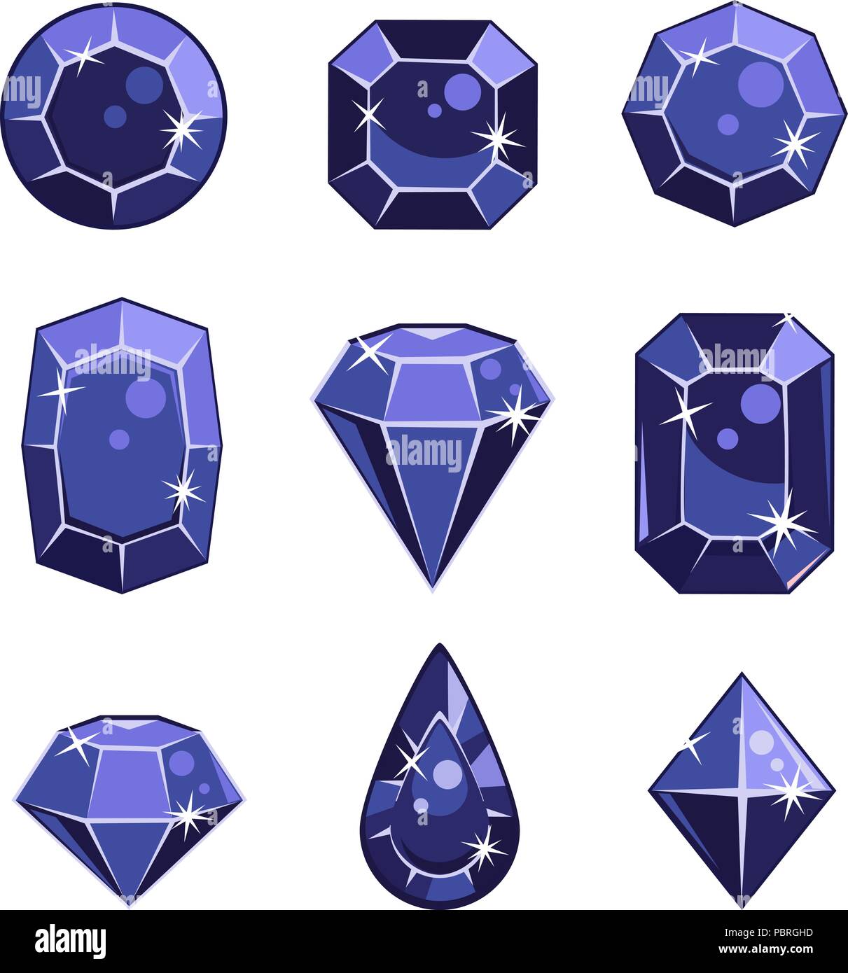 Set of cartoon vector dark blue gem stones in different shapes for a
