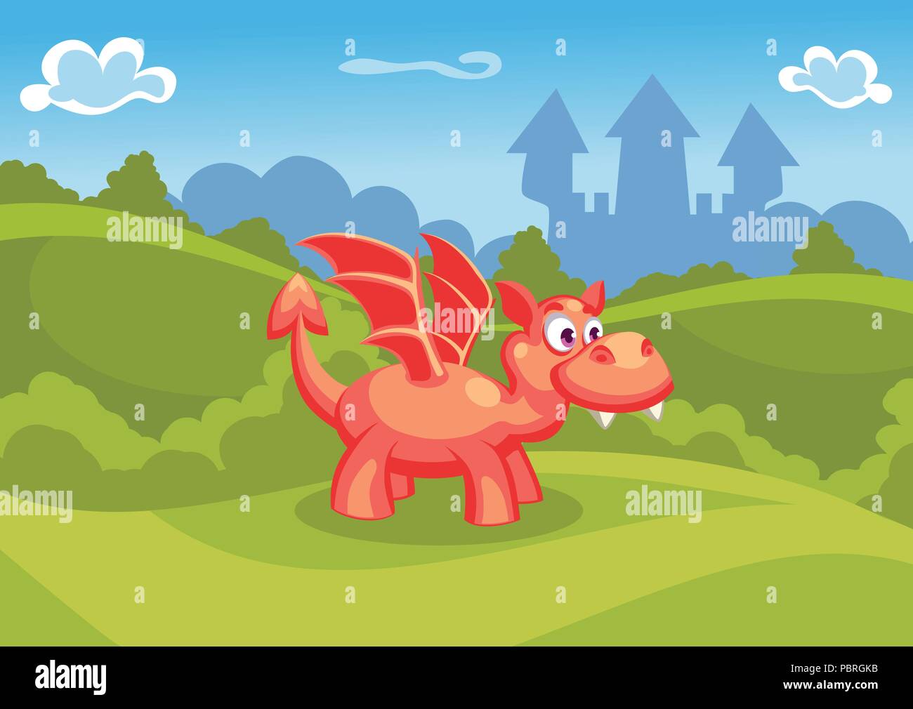 Fantasy summer vector Illustration with castle and a red dragon Stock Vector