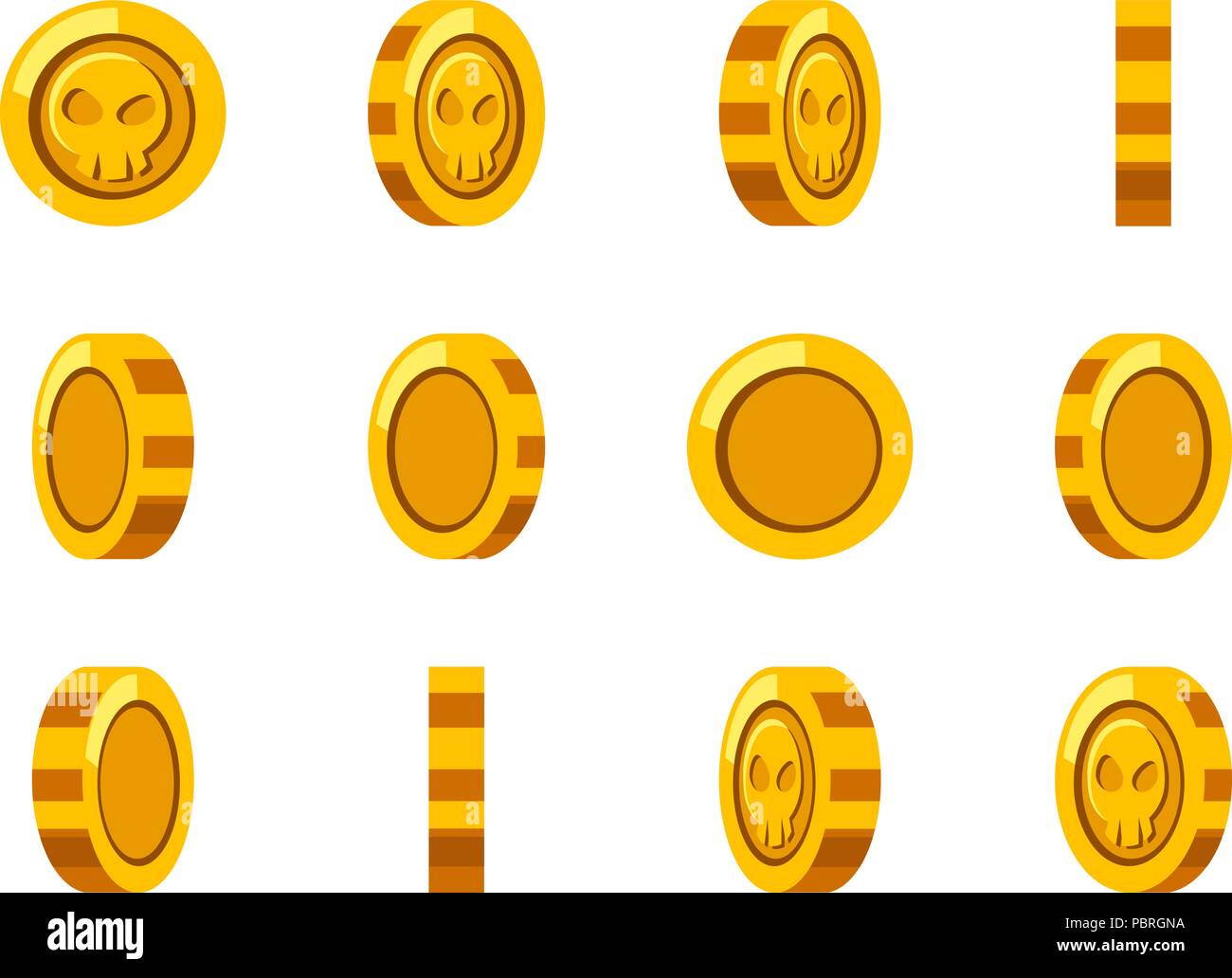 Cartoon golden coin with spinning animation, spinning coin Stock Vector