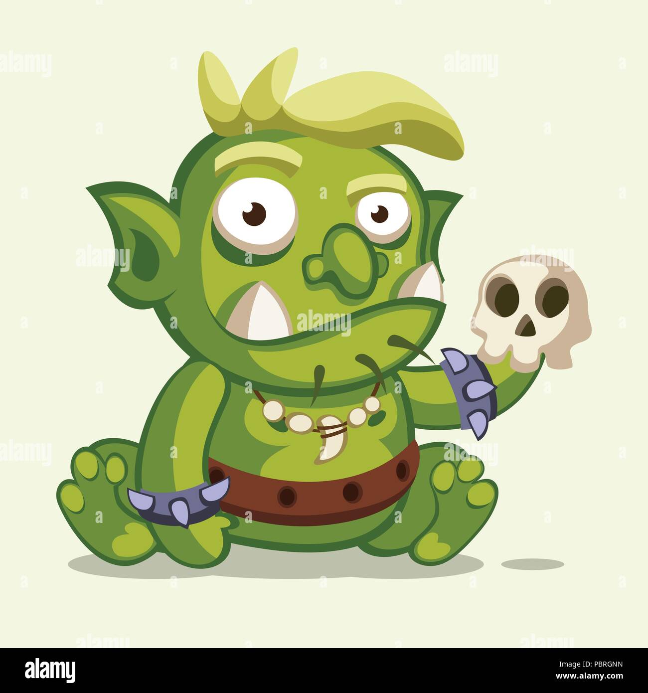 Illustration of a sitting little green ogre with blond hair and a skull in arm Stock Vector