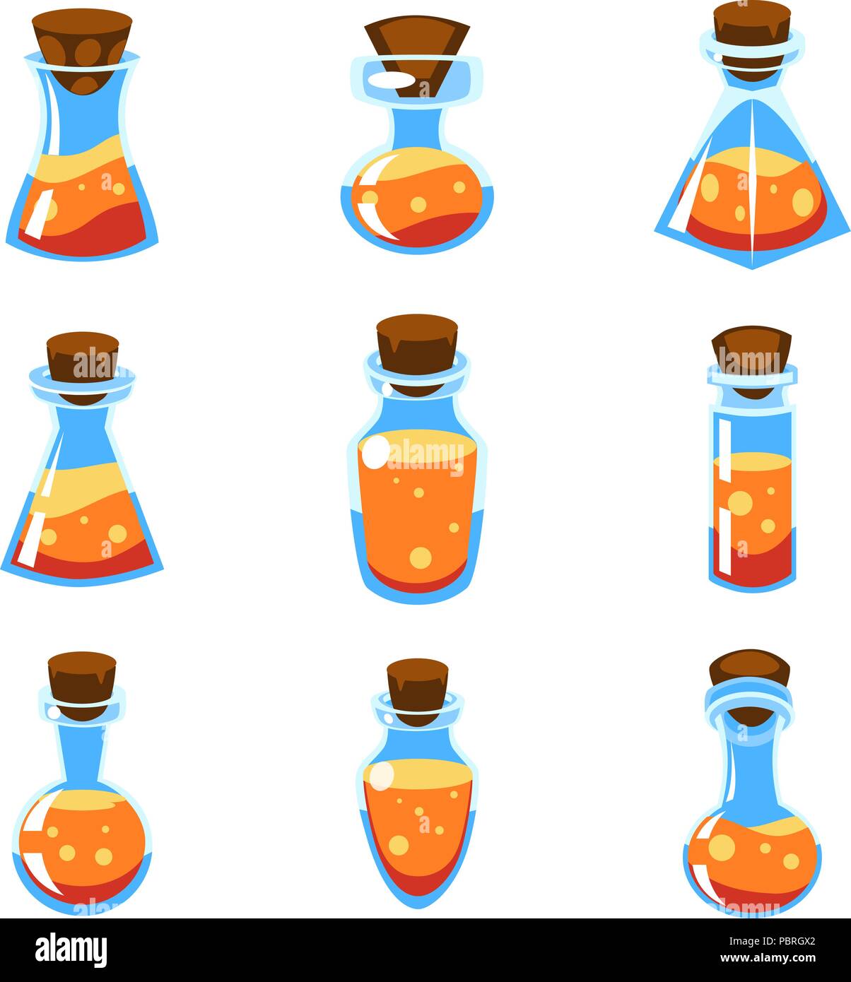 Set of cartoon vector orange potions in bottles of different shape for