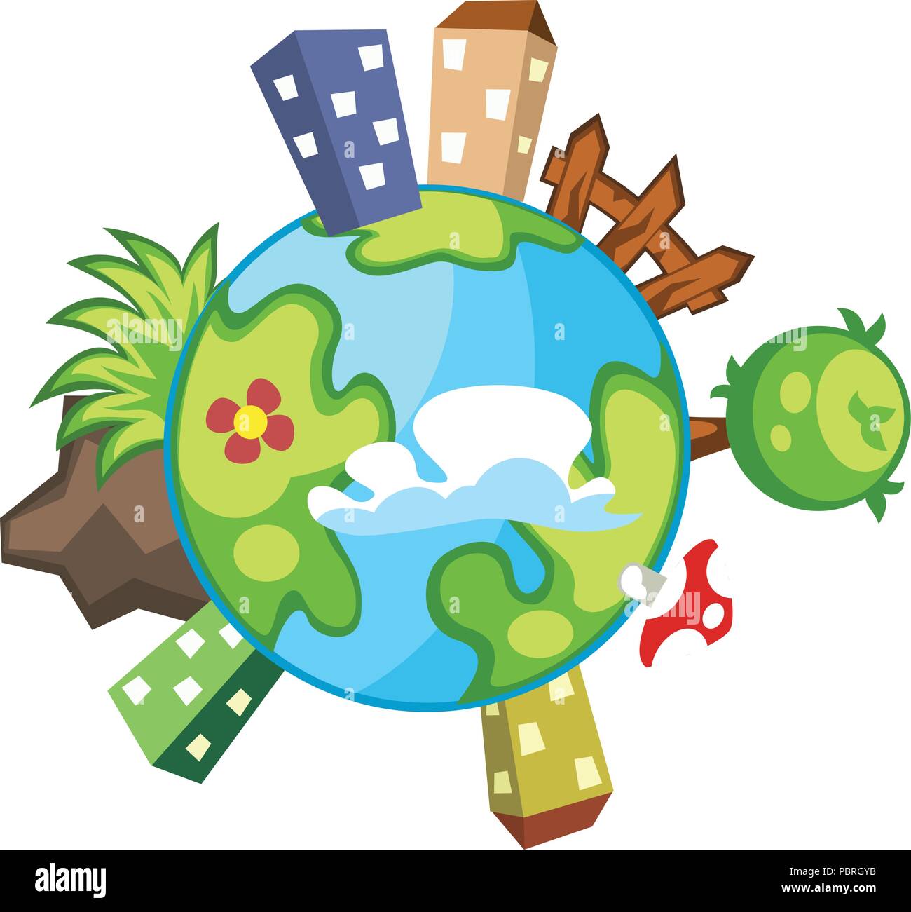 Cartoon green planet with buildings and trees, vector object Stock Vector