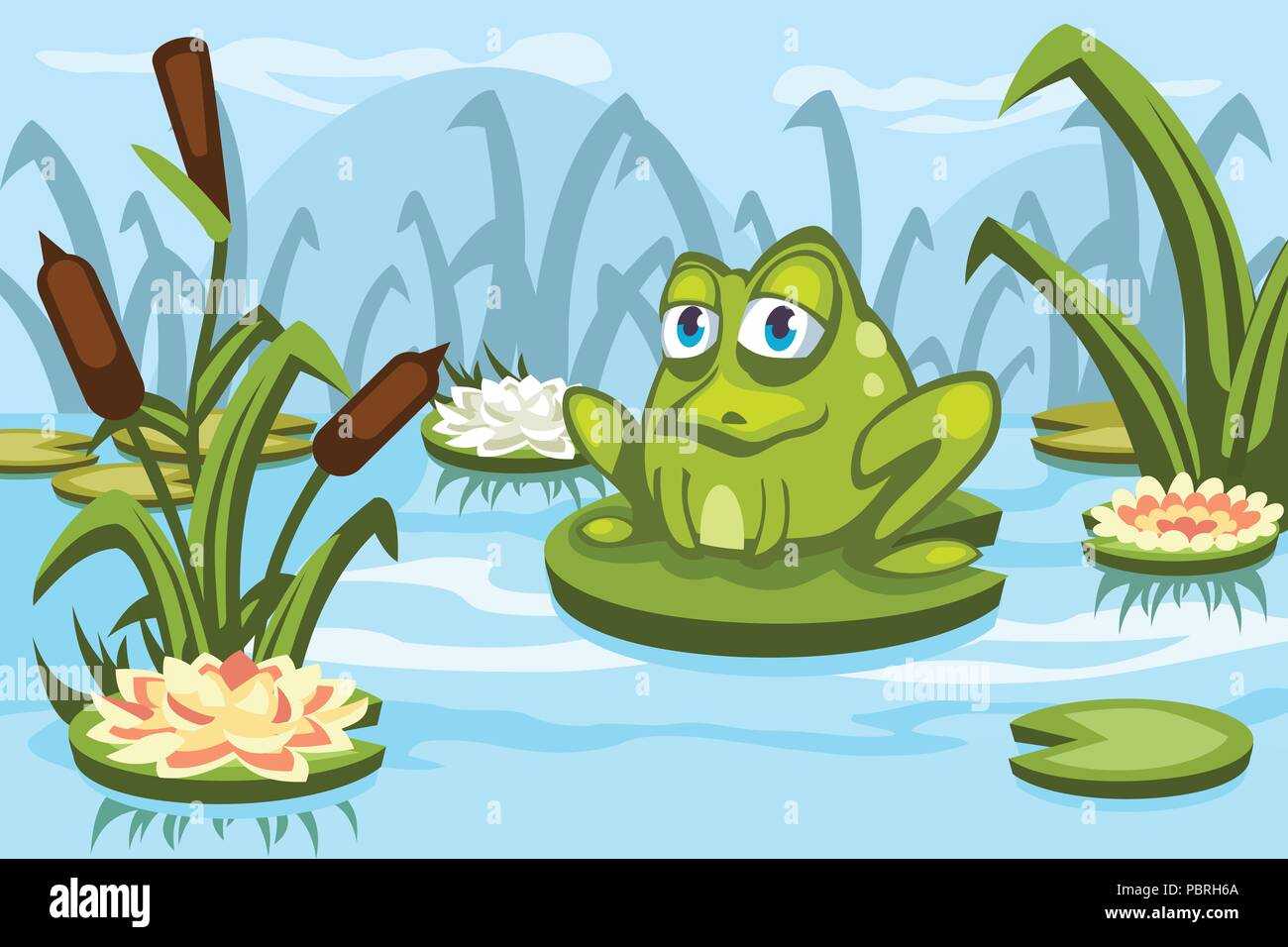 Illustration of a cartoon frog sitting on a water lily in the swamp Stock Vector