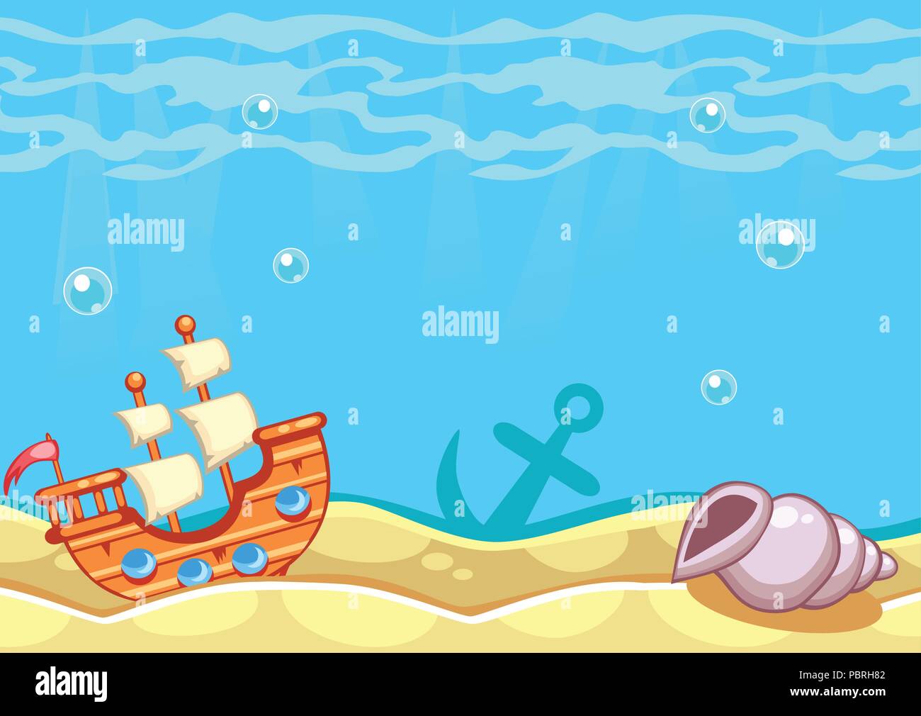 Underwater vector world background with ship, seashell and an anchor ...