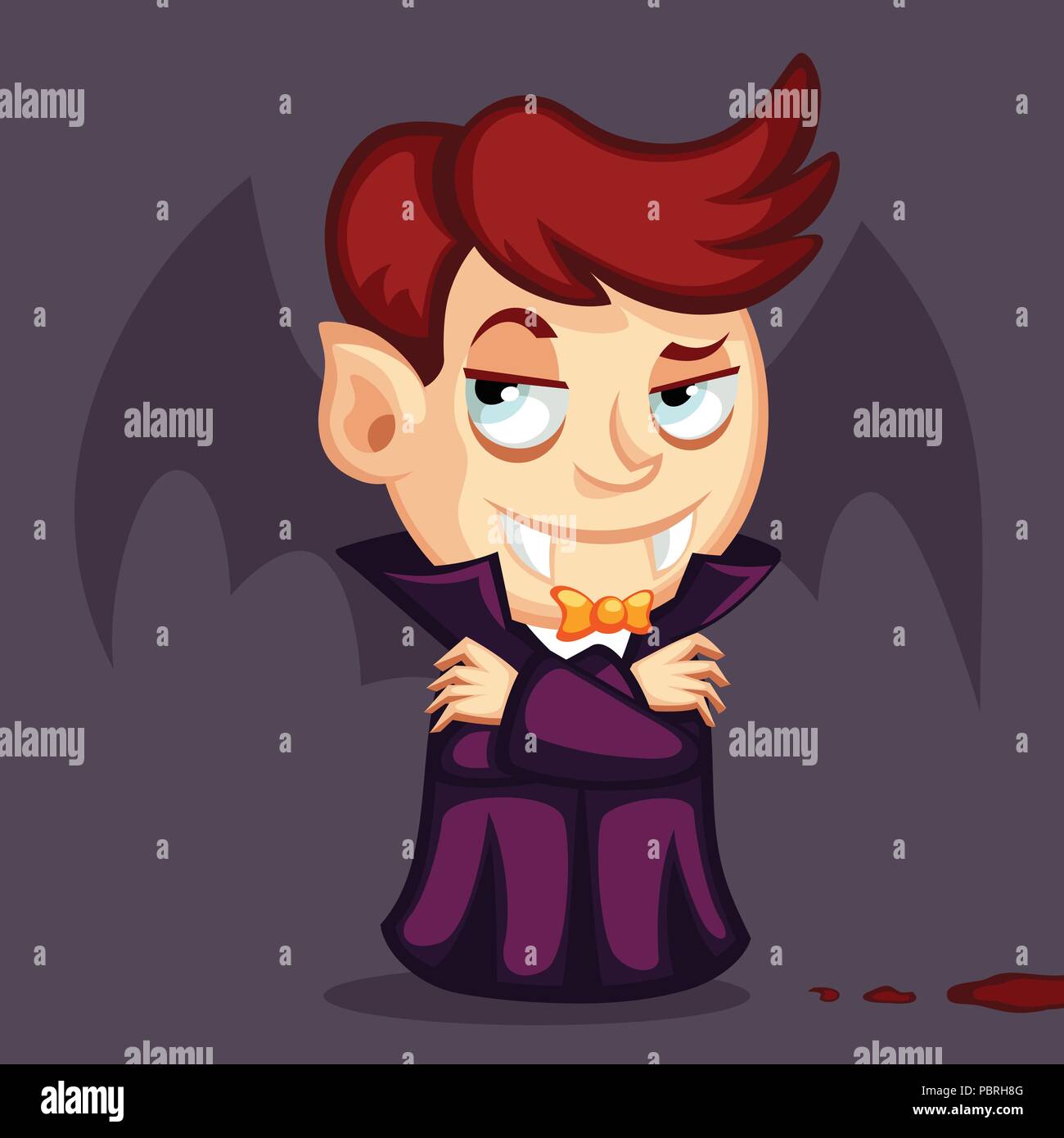 Illustration of vampire in the cloak with wings, red hair and yellow bowtie Stock Vector