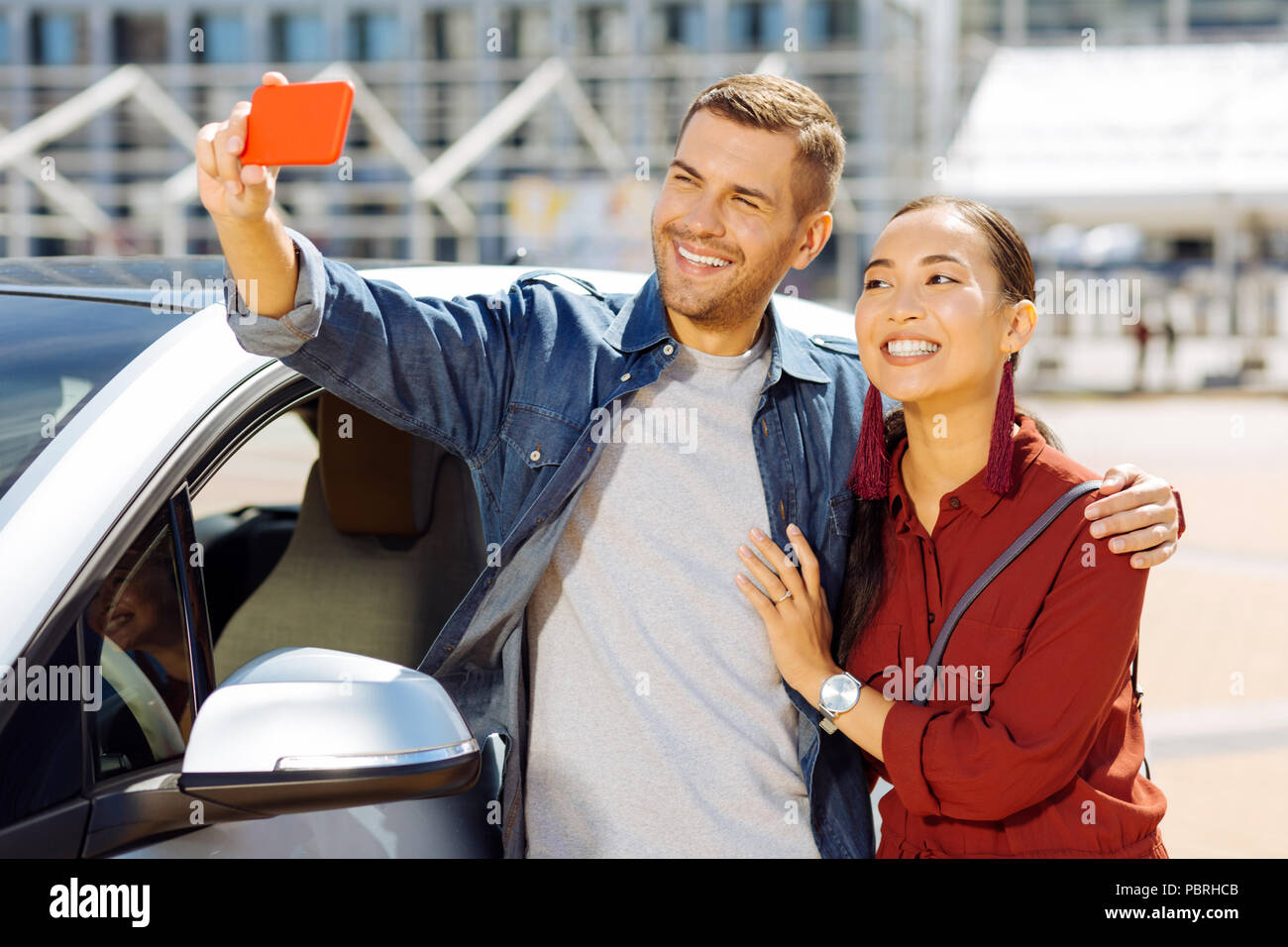 Happy nice man taking a selfie Stock Photo