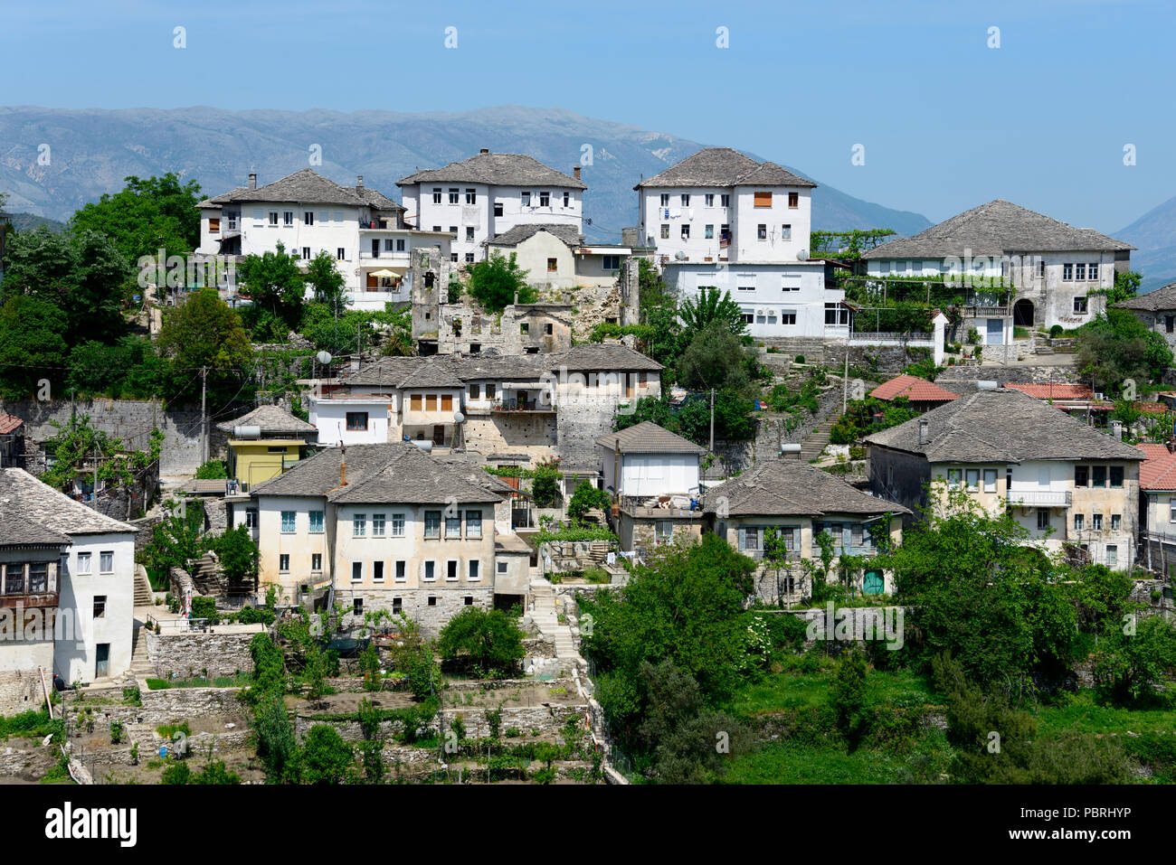 Typical stone buildings, town view, Gjirokastra, Albania Stock Photo