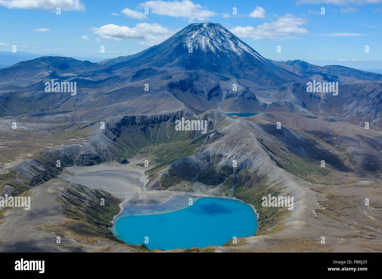 Aerial view of the blue lake before Mount Ngauruhoe, Tongariro National Park, North Island, New Zealand Stock Photo