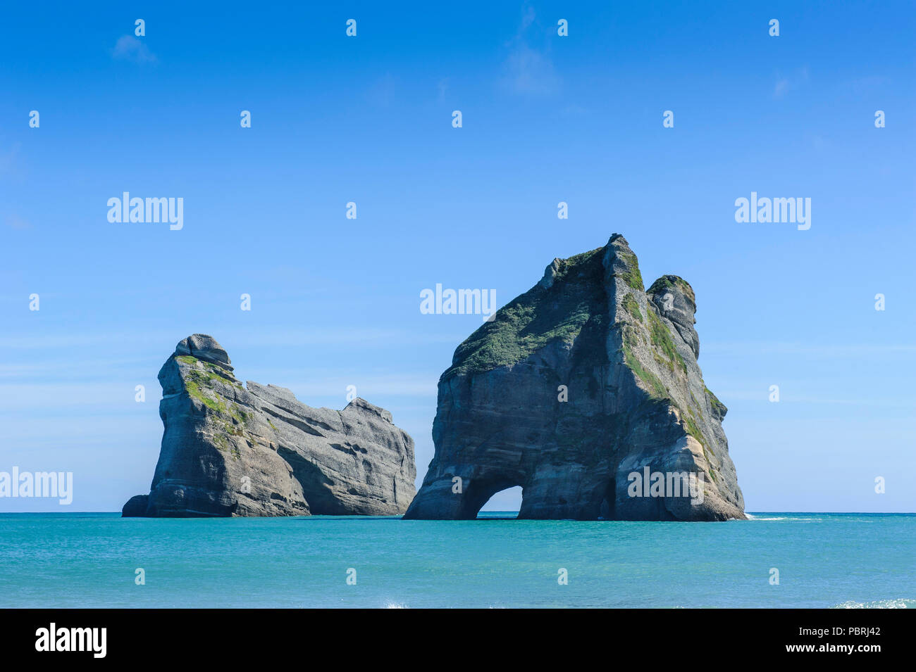 Archway islands, Wharariki Beach, South Island, New Zealand Stock Photo