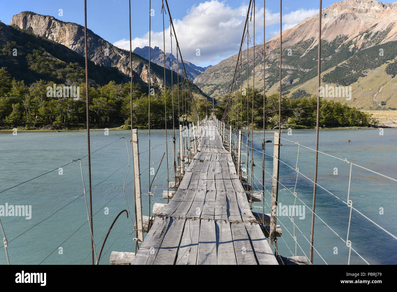 Suspension bridge at Cerro Fitz Roy, Los Glaciares National Park, El Chaltén, Santa Cruz Province, Patagonia, Argentina Stock Photo