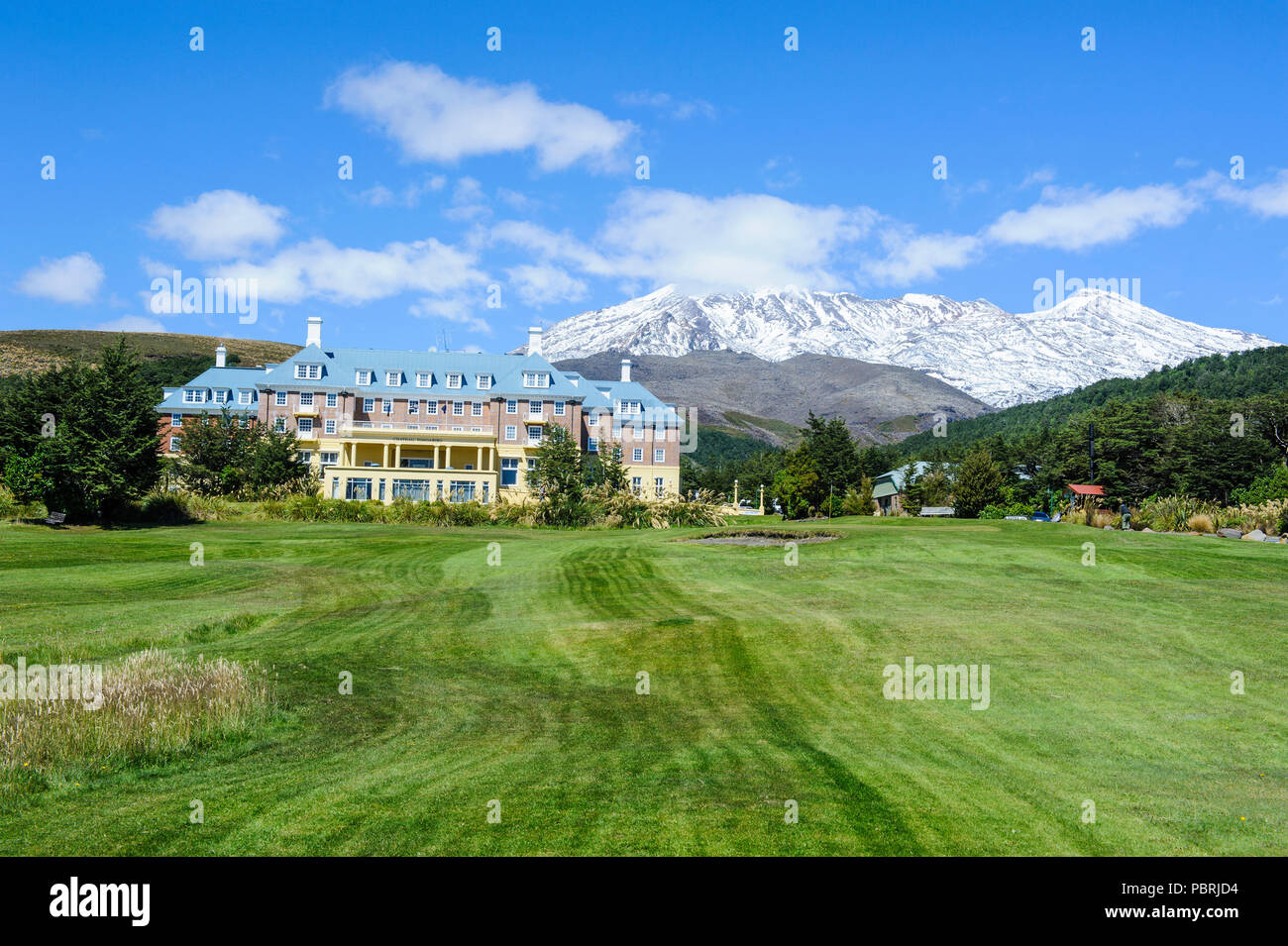 Chateau Tongariro before Mount Ruapehu, Unesco world heritage sight Tongariro National Park, North Island, New Zealand Stock Photo