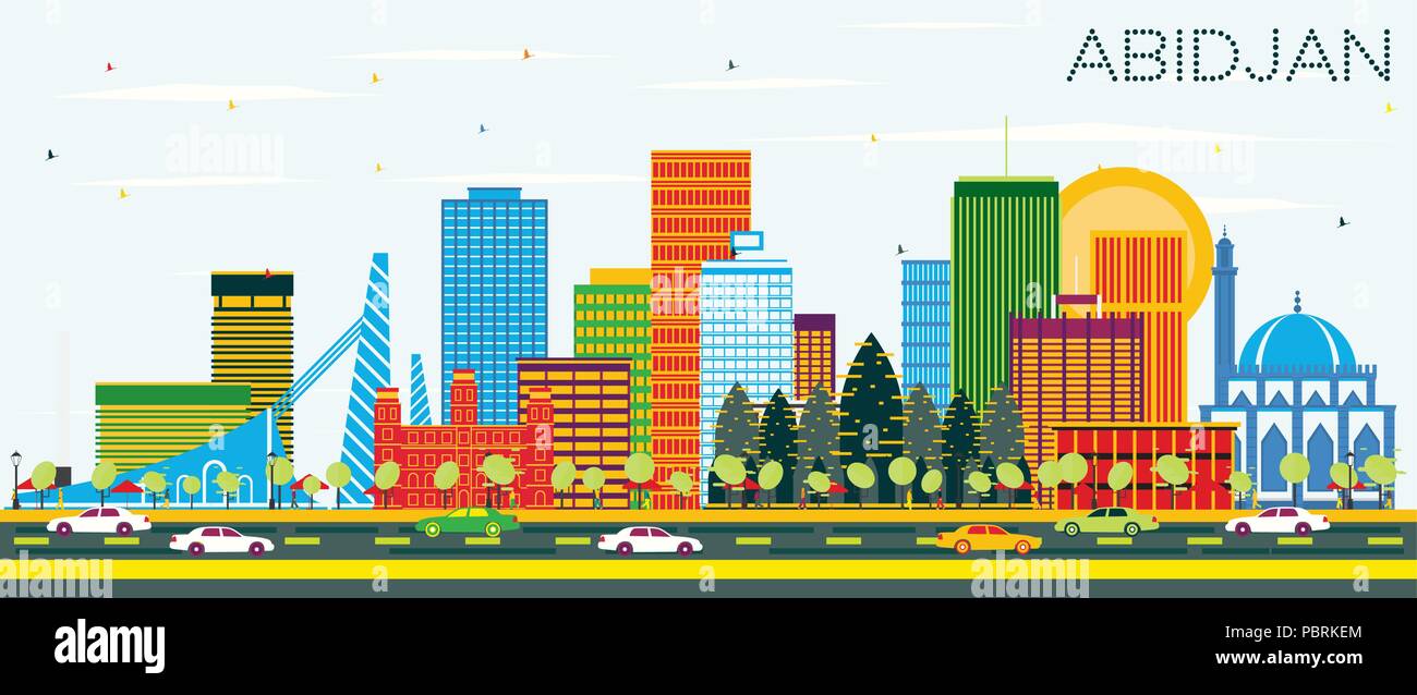 Abidjan Ivory Coast City Skyline with Color Buildings and Blue Sky. Vector Illustration. Business Travel and Tourism Concept with Modern Architecture. Stock Vector