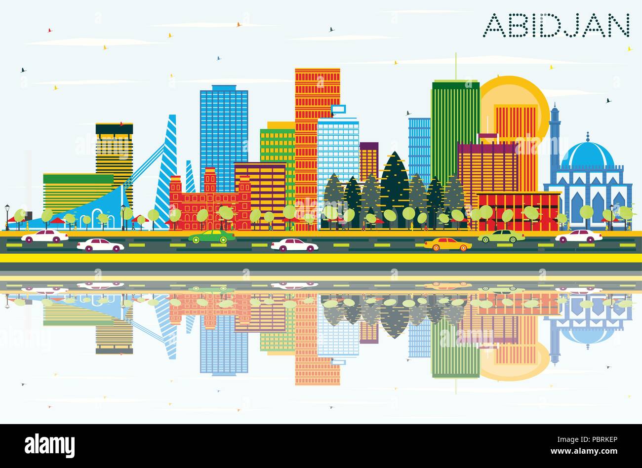 Abidjan Ivory Coast City Skyline with Color Buildings, Blue Sky and Reflections. Vector Illustration. Business Travel and Tourism Concept Stock Vector