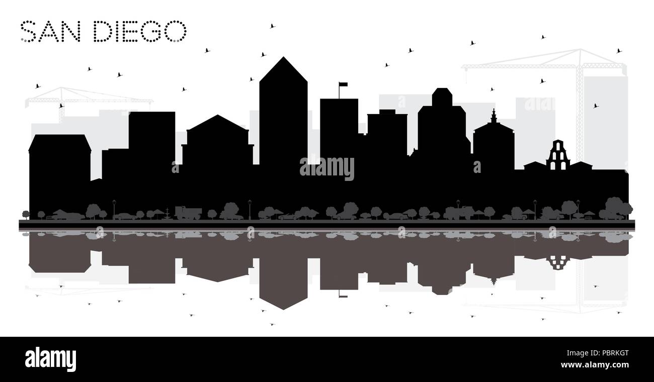San Diego City skyline black and white silhouette with Reflections. Vector illustration. Simple flat concept for tourism presentation, banner, placard Stock Vector