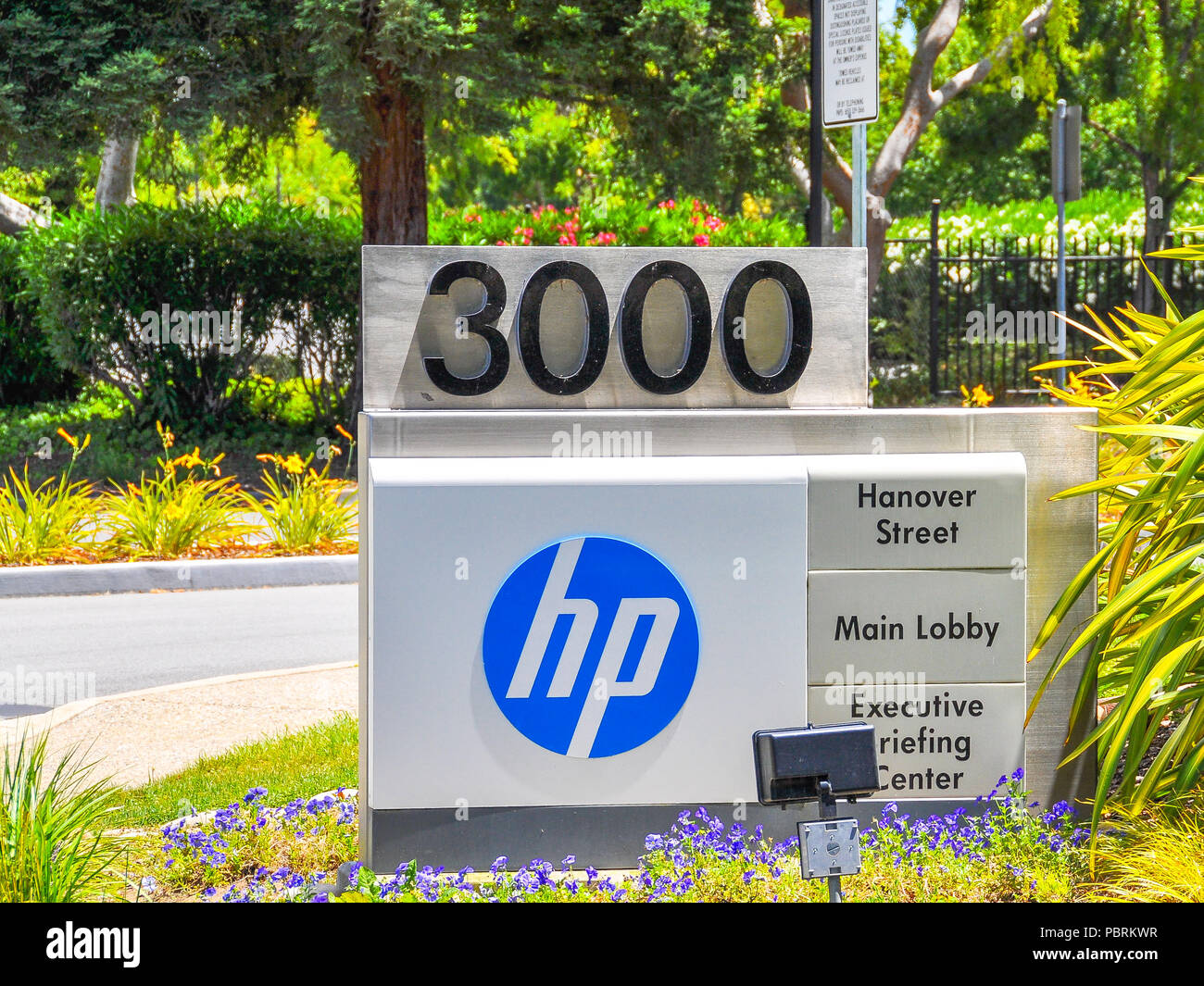 Palo Alto, CA, USA - June 28, 2015: Hewlett-Packard Headquarters. Hewlett-Packard is an American multinational information technology company. Stock Photo