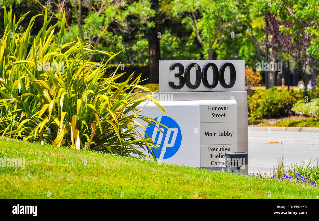 Palo Alto, CA, USA - June 28, 2015: Hewlett-Packard Headquarters. Hewlett-Packard is an American multinational information technology company. Stock Photo