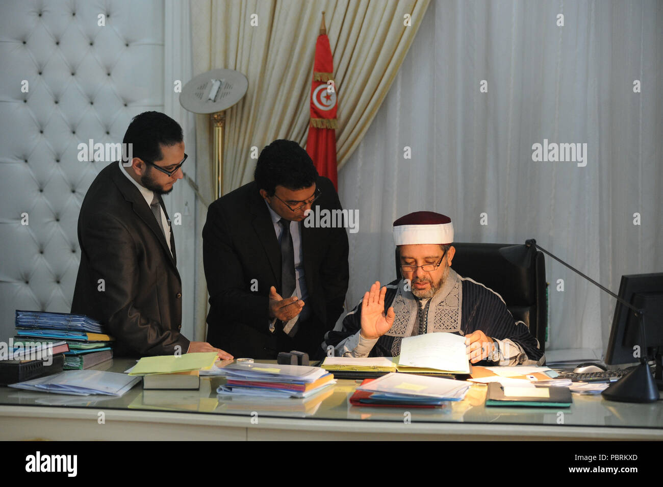 February 15, 2013 - Tunis, Tunisia: Portrait of Noureddine El Khademi,  Tunisia's Minister for Religious Affairs at his office. Portrait du  ministre tunisien des Affaires religieuses, Noureddine El Khademi. ***  FRANCE OUT /