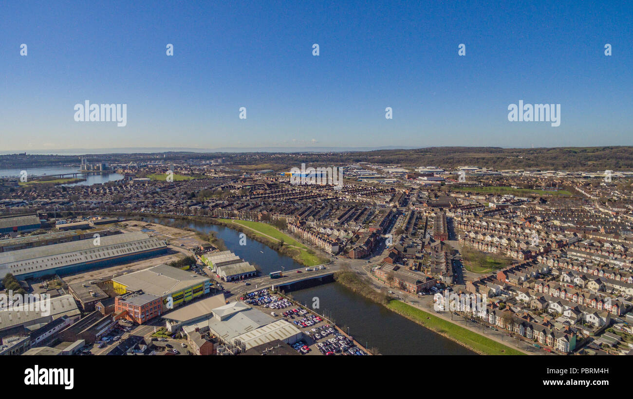 Aerial Views over Penarth Road, Cardiff looking towards The Bristol Channel, The Vale of Glamorgan, Grangetown and Canton. Stock Photo