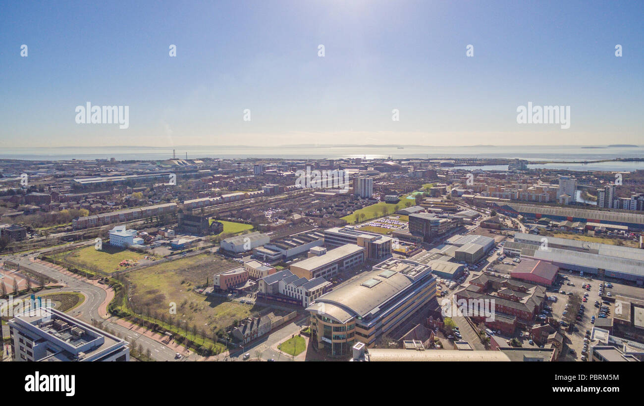 Aerial Views over Penarth Road, Cardiff looking towards The Bristol Channel, The Vale of Glamorgan, Grangetown and Canton. Stock Photo