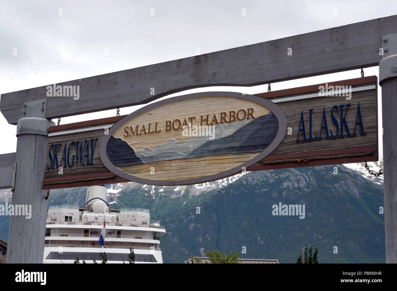 Skagway in southeast Alaska, set along the popular cruise route the Inside Passage. It's home to gold-rush-era buildings and the White Pass railroad Stock Photo
