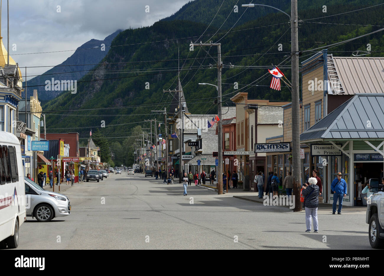 Skagway in southeast Alaska, set along the popular cruise route the Inside Passage. It's home to gold-rush-era buildings and the White Pass railroad Stock Photo