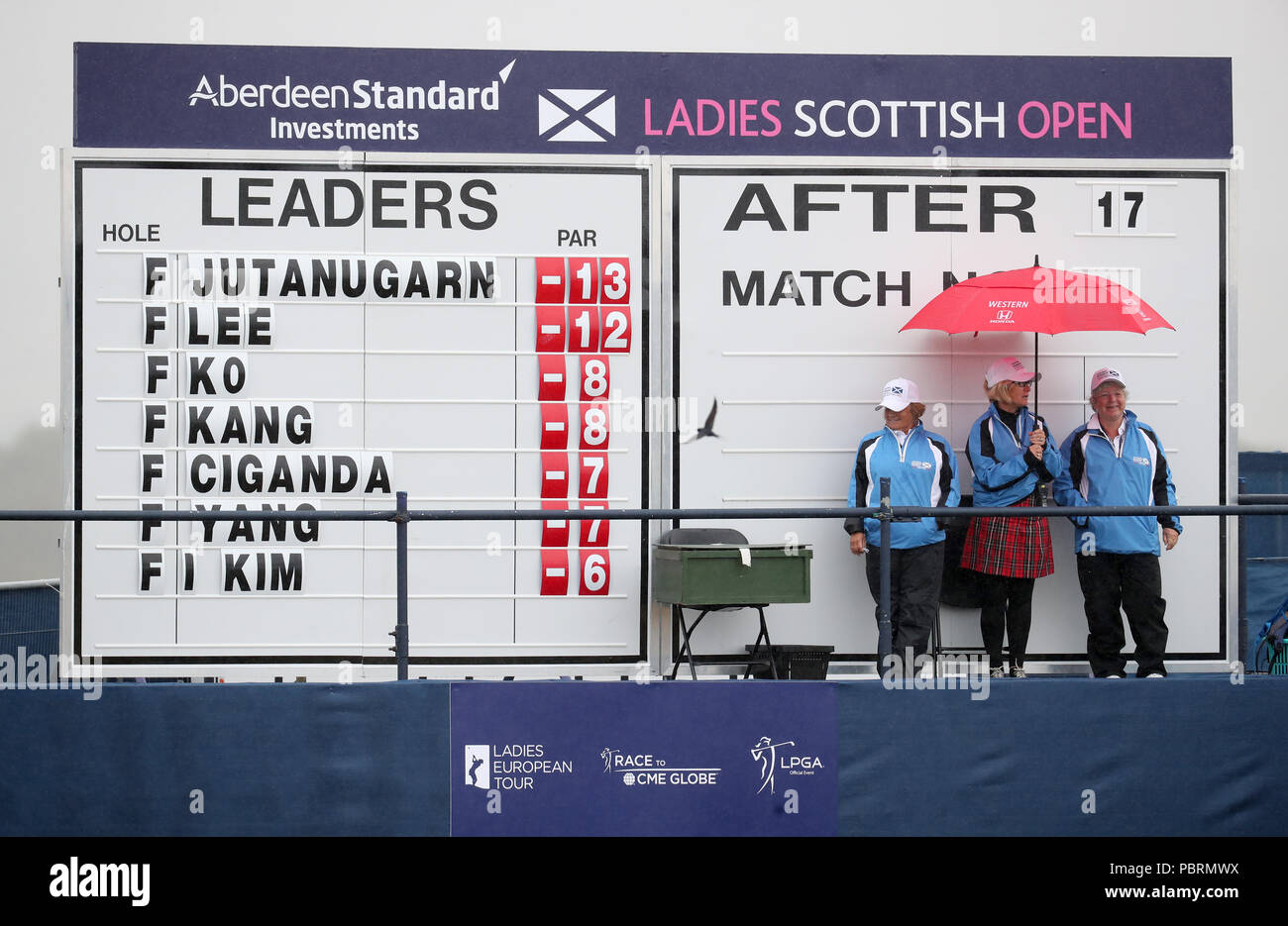 The final scoreboard after Thailand's Ariya Jutanugarn won the 2018 Aberdeen Standard Investments Ladies Scottish Open at Gullane Golf Club. PRESS ASSOCIATION Photo, Picture date: Sunday July 29, 2018. Photo credit should read: Jane Barlow/PA Wire. Stock Photo