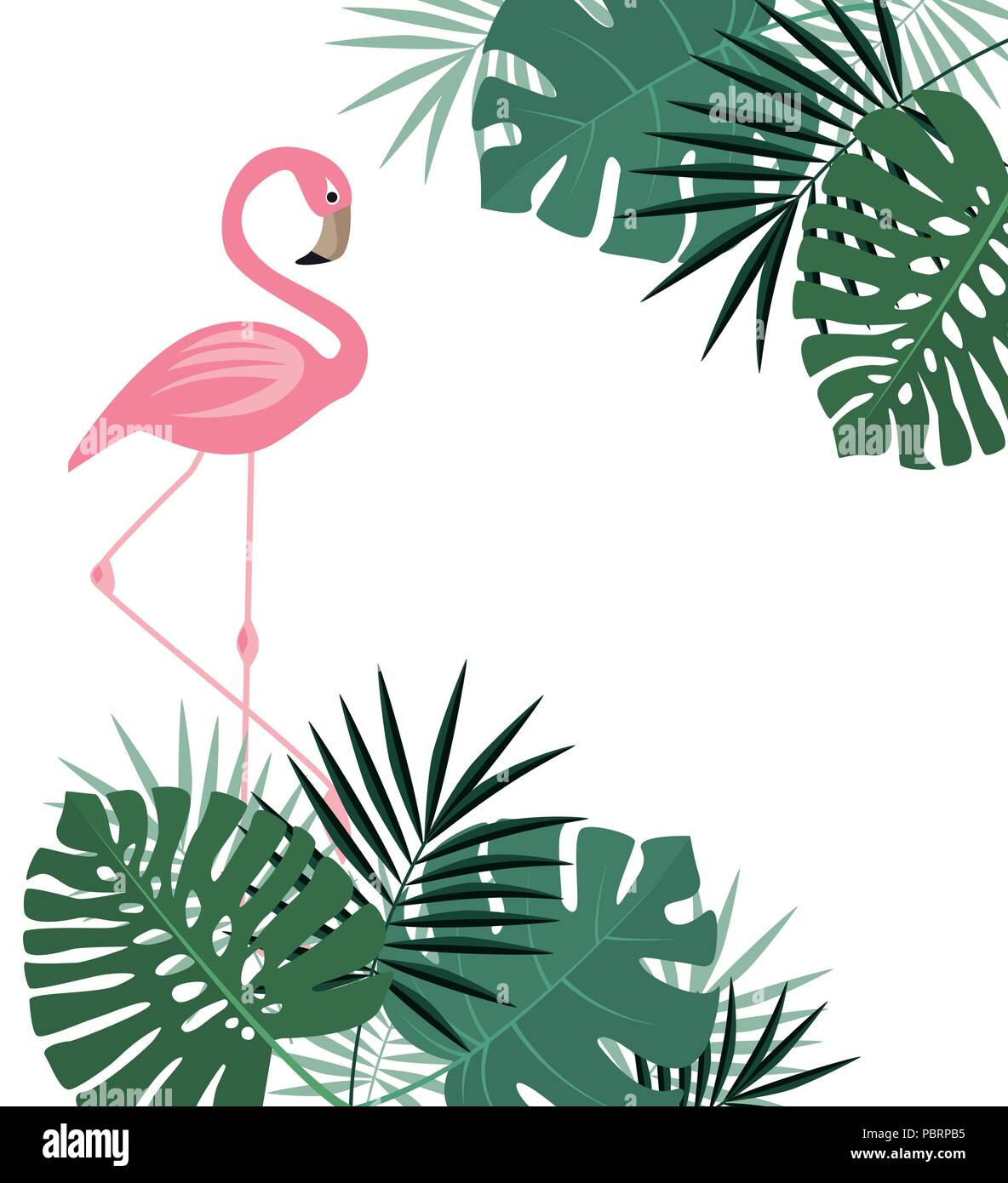 Vector illustration of natural background with palm leaves and flamingo ...
