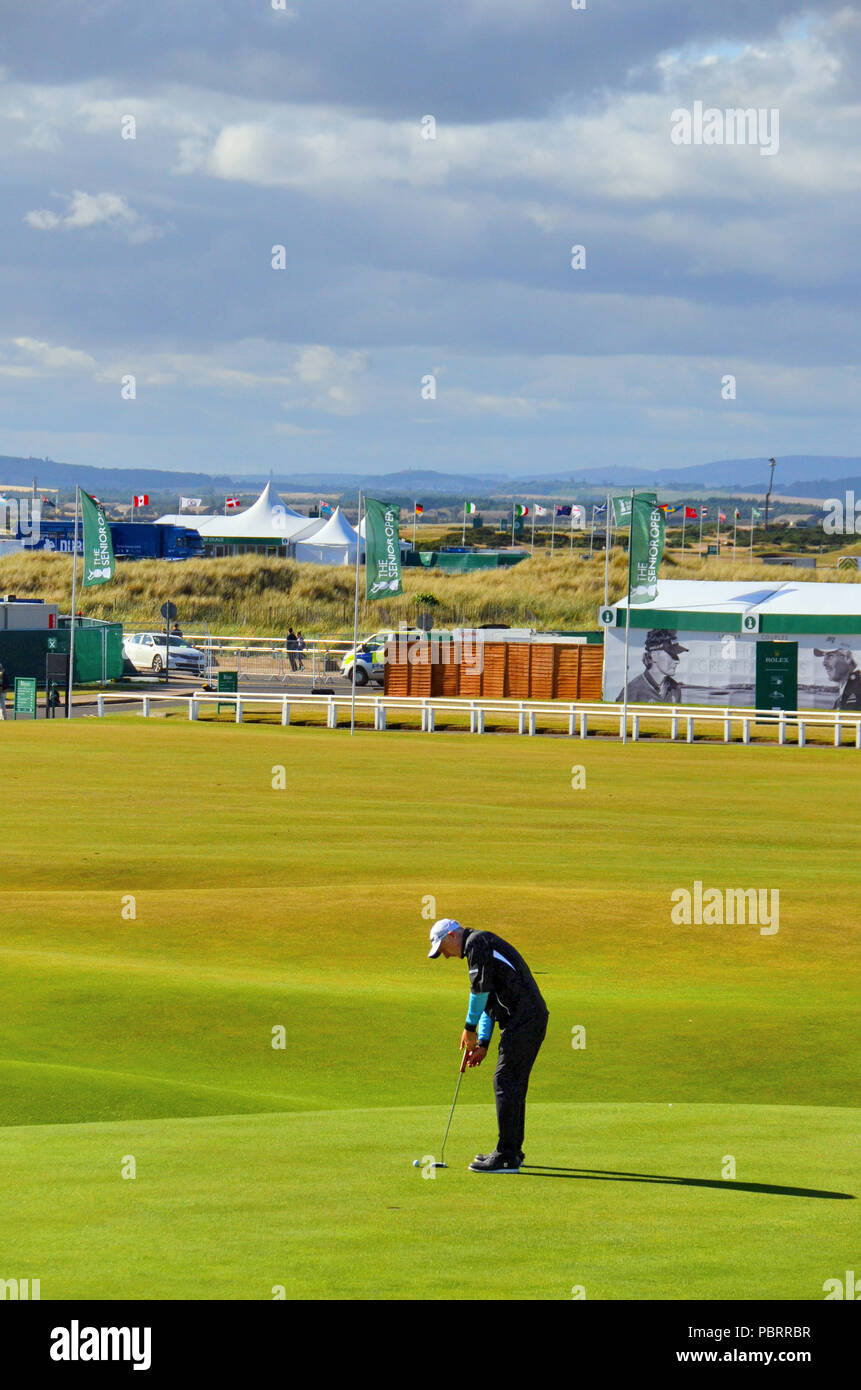 A competitor putting on the old course at St Andrews, Fife, Scotland  at the senior open championship tournament. 2018. Stock Photo