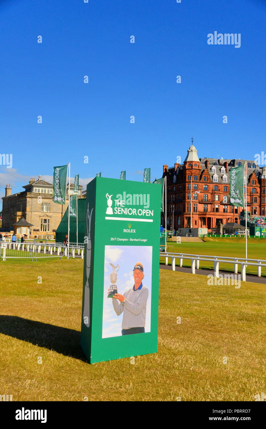 Senior Open champion 2018 , old course, St Andrews Fife, with advertising poster in  foreground with 2017 winner Bernhard Langer Stock Photo